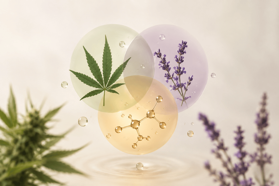 a cannabis leaf with other plants including lavender