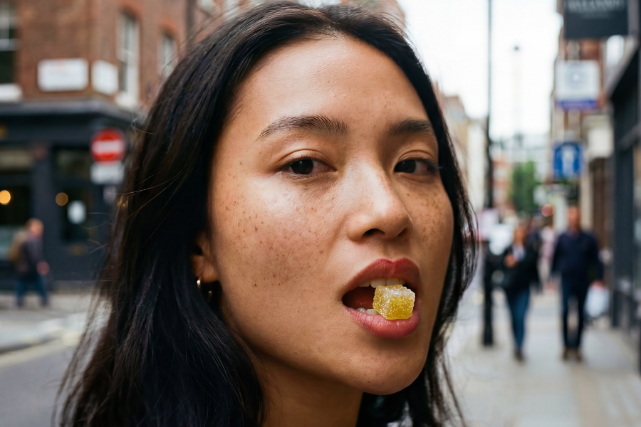 a girl with a gummy in her mouth