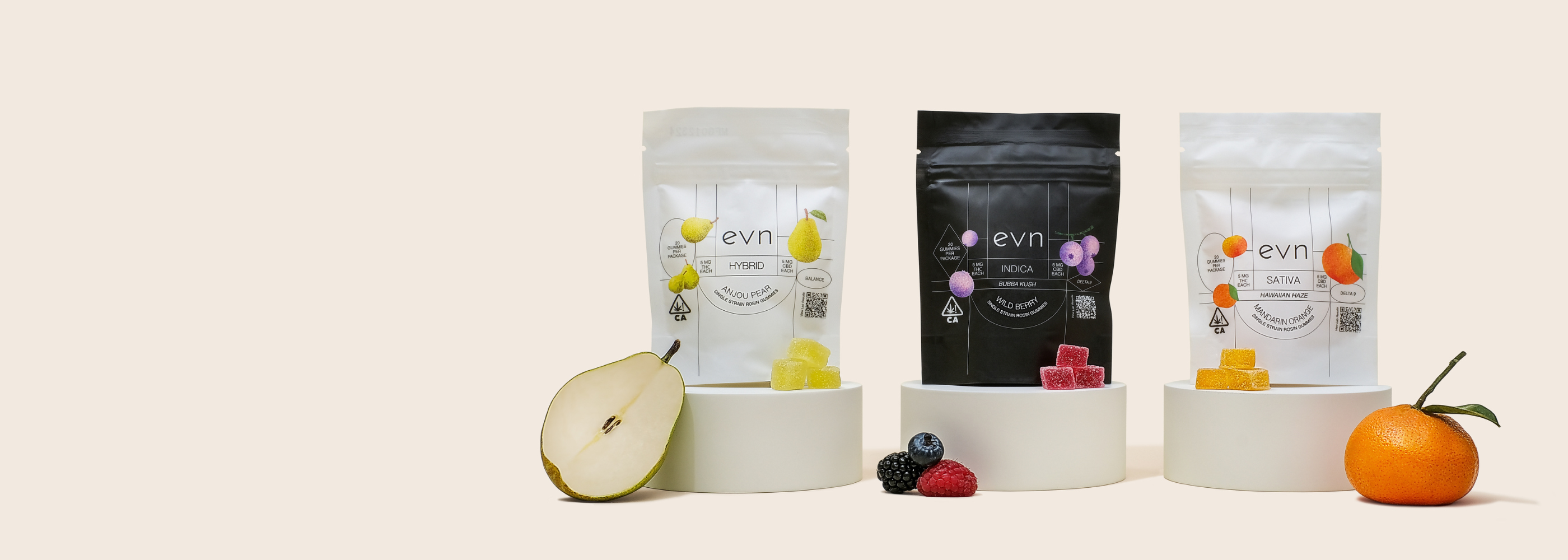 three gummy pouches on pedestals