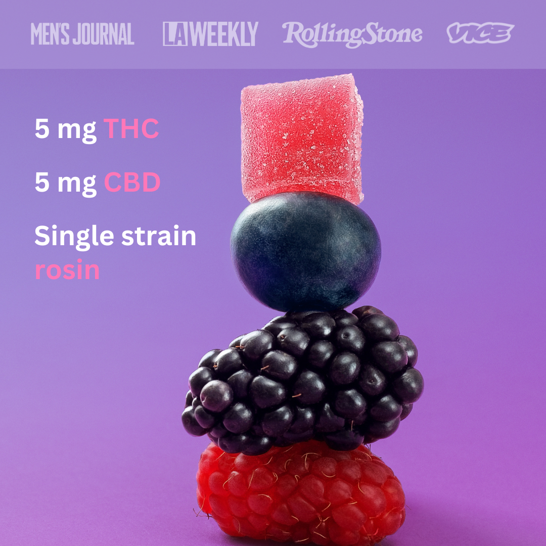 berries and a gummy stacked on top of one another