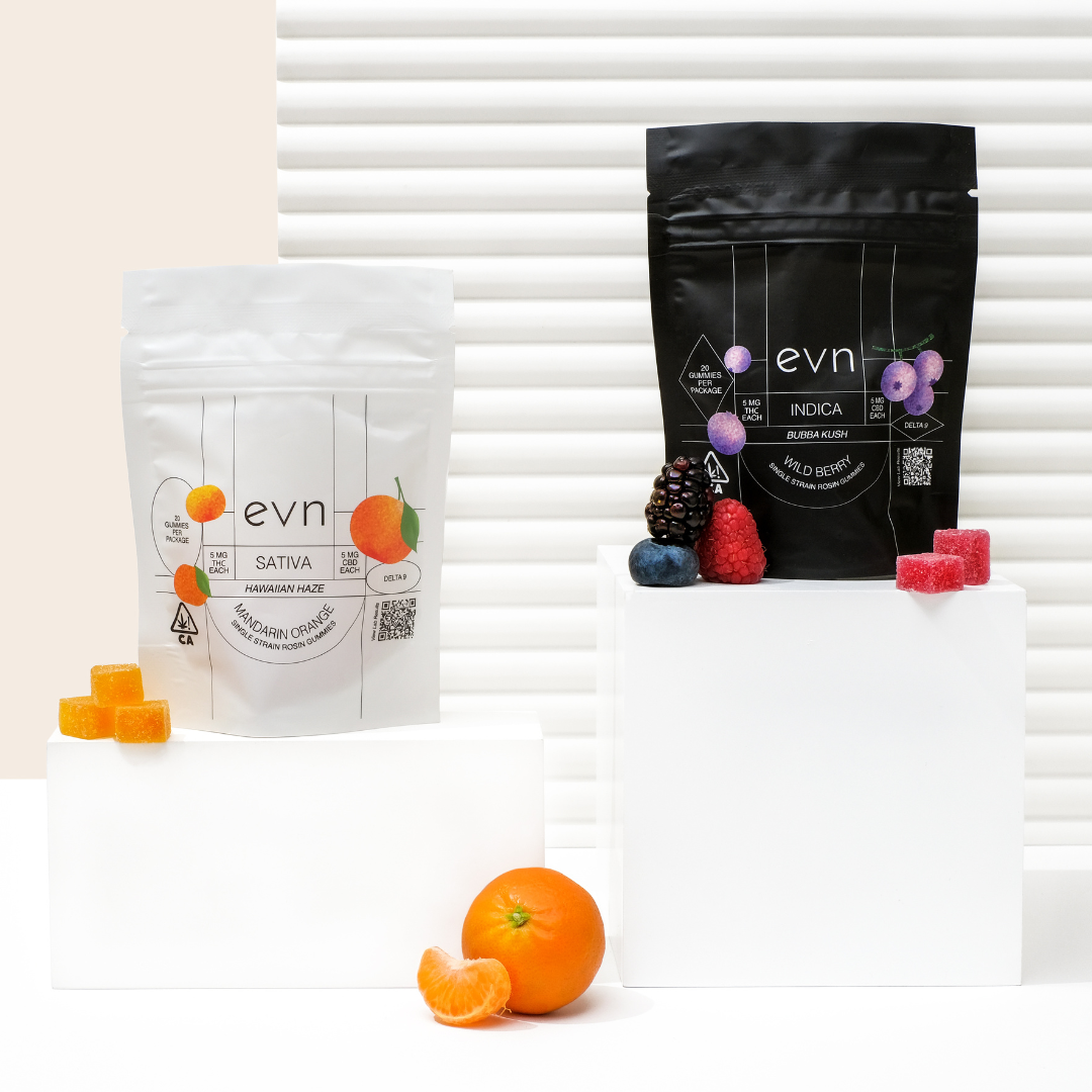 indica and sativa gummies with fruit next to them