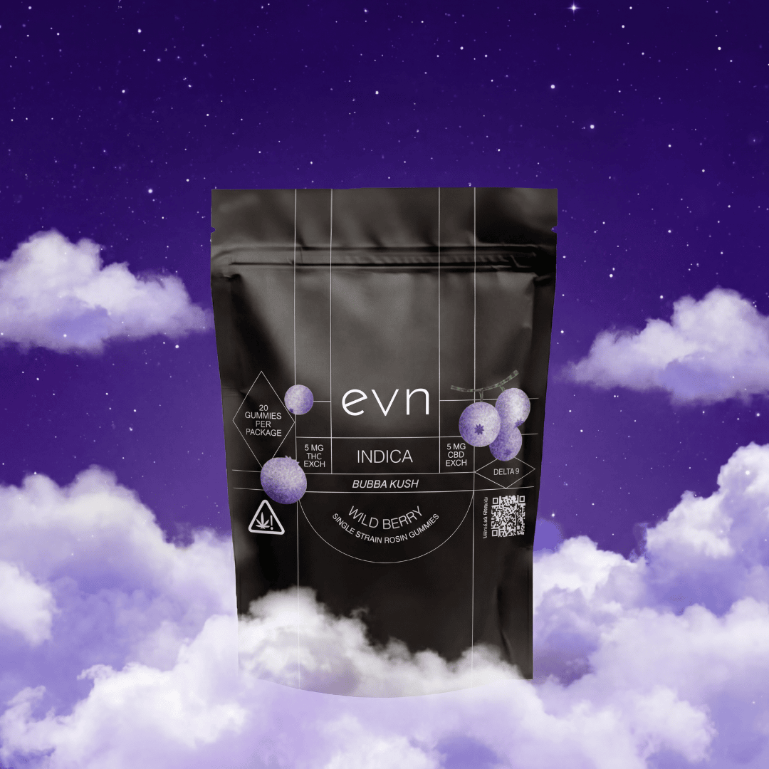 indica gummies with a night sky behind the pouch