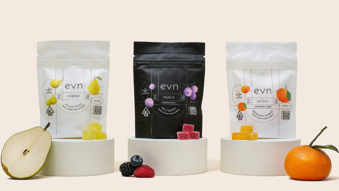 indica sativa and hybrid gummies with fruit next to each other