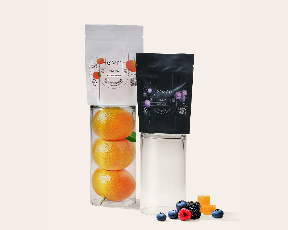 two gummy pouches sitting on top of glasses