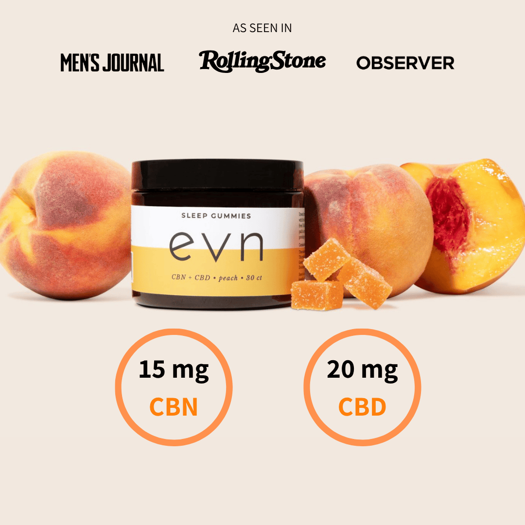 a jar of sleep gummies next to peaches