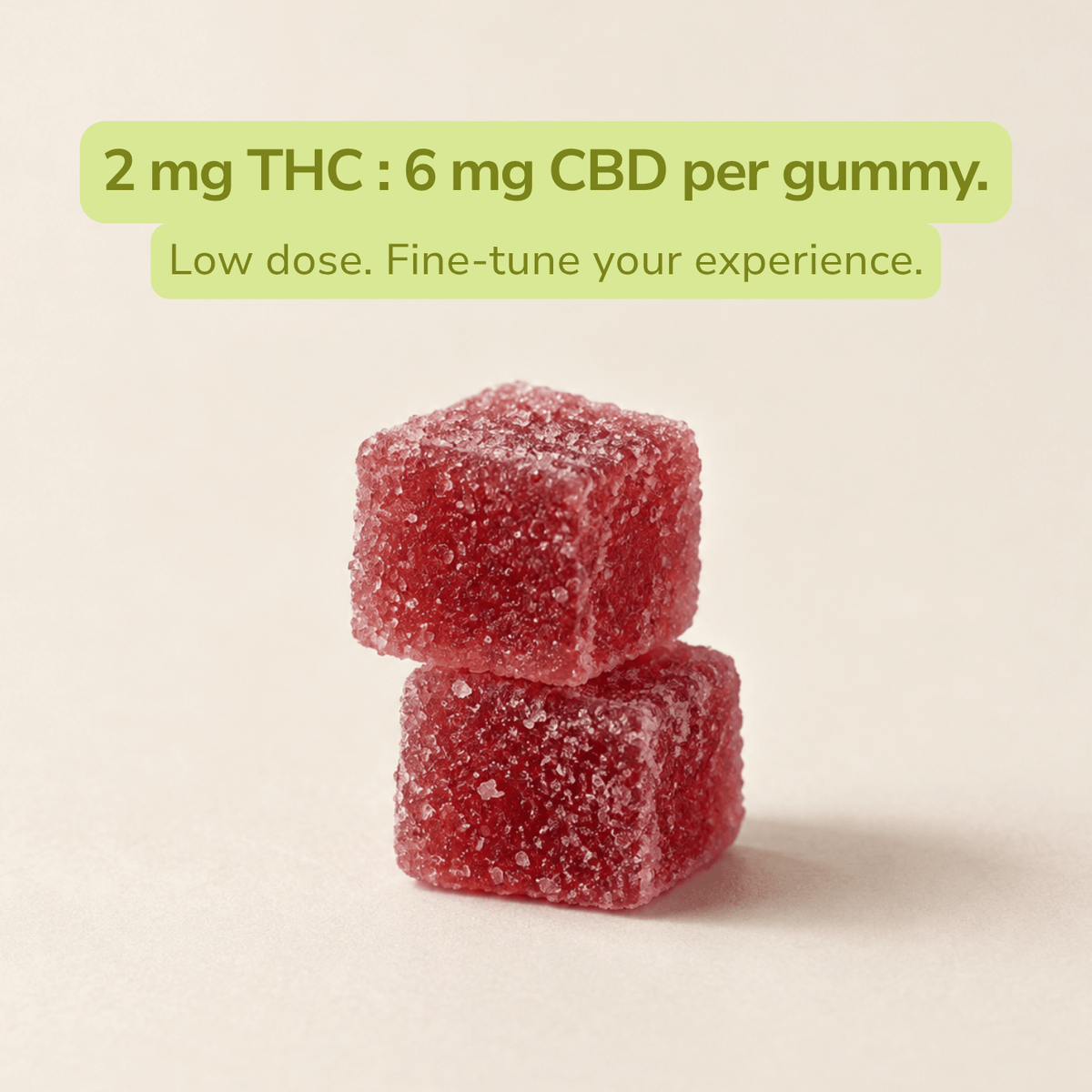 Two stacked red sugar-coated gummy candies on a light beige background with a light green text banner at the top reading '2 mg THC : 6 mg CBD per gummy. Low dose.