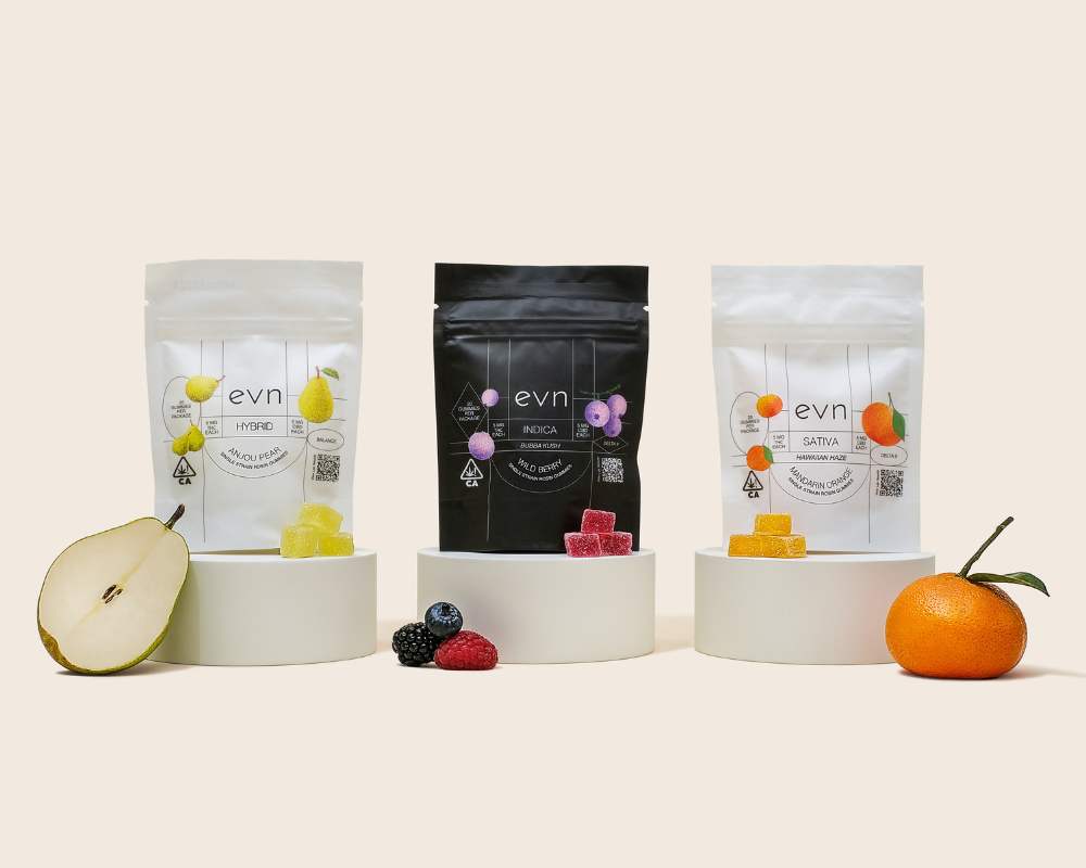 three pouches of gummies with fruit and gummies on pedestals