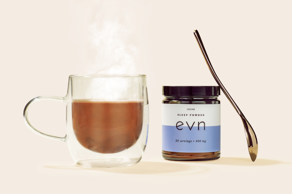 Evn cbd hot chocolate with clear mug and spoon