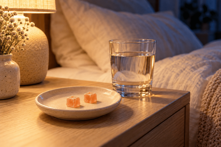 two orange gummies on a bedside table