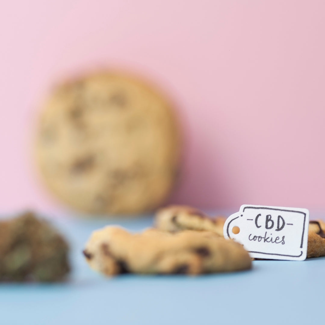 CBD chocolate chip cookies with a sign that says CBD cookies