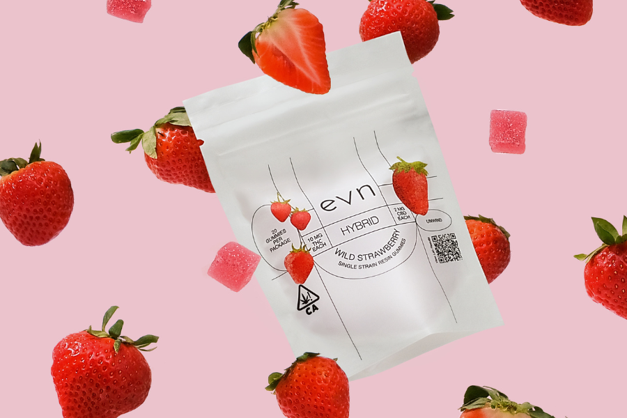 live resin gummies floating in the air with strawberries