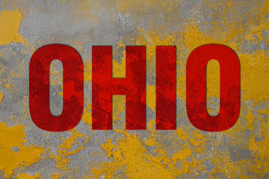 ohio in red lettering on an orange background