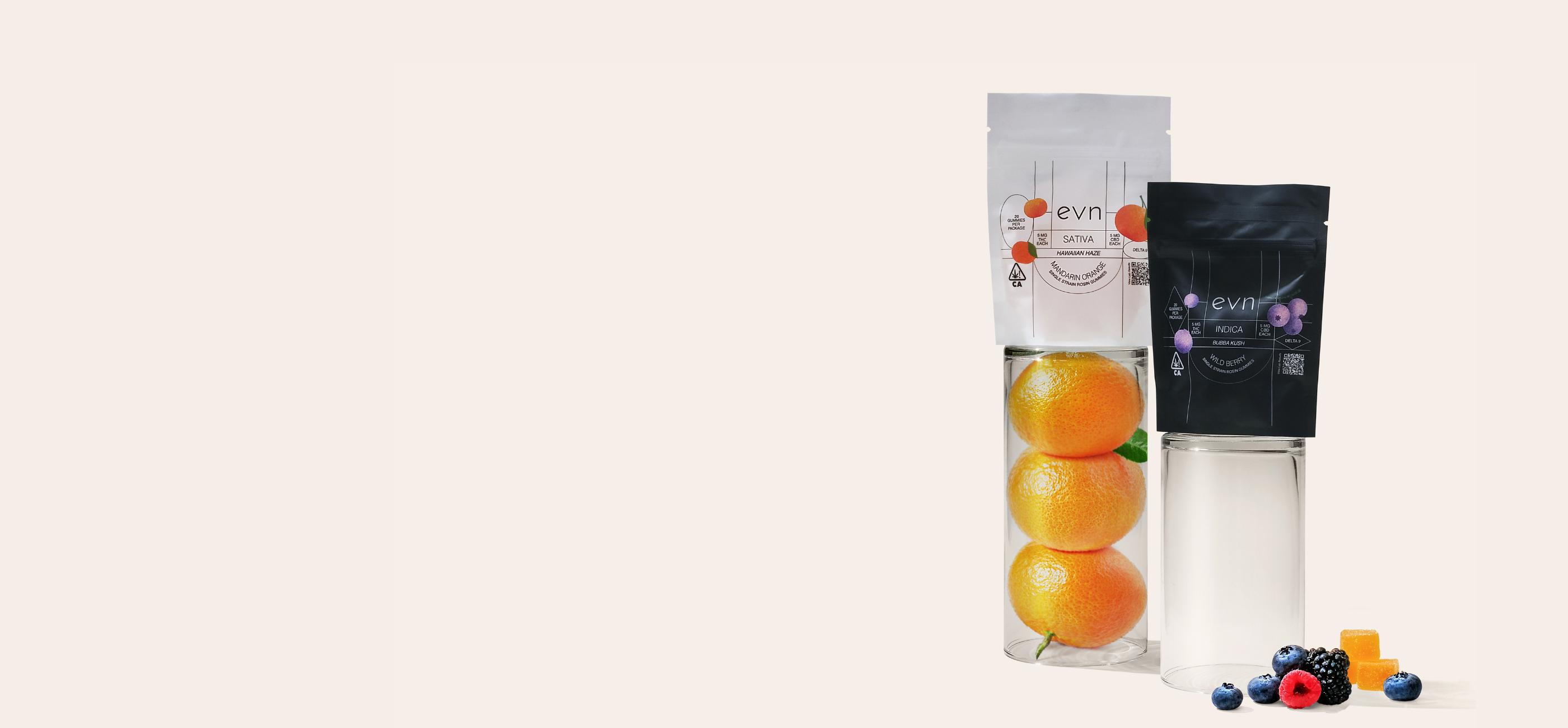 two gummy pouches sitting on top of glasses