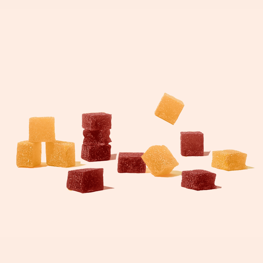 berry and orange flavored gummy cubes