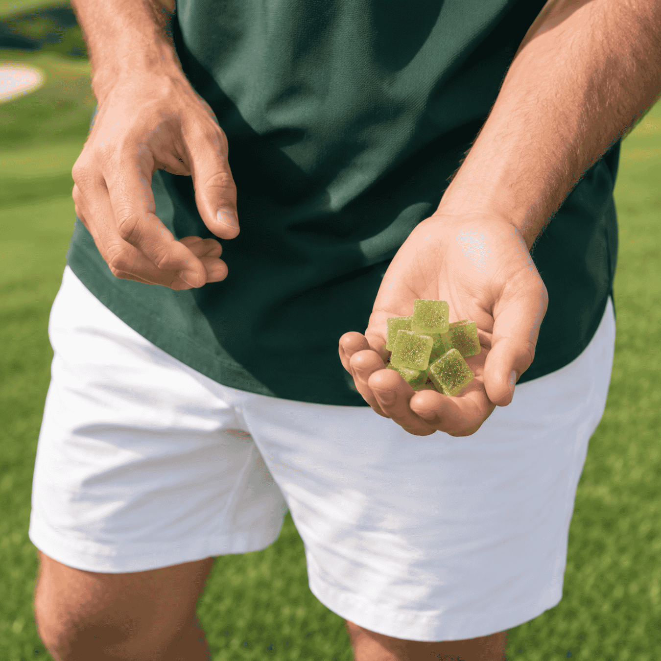 a man in white shorts holding green gummies