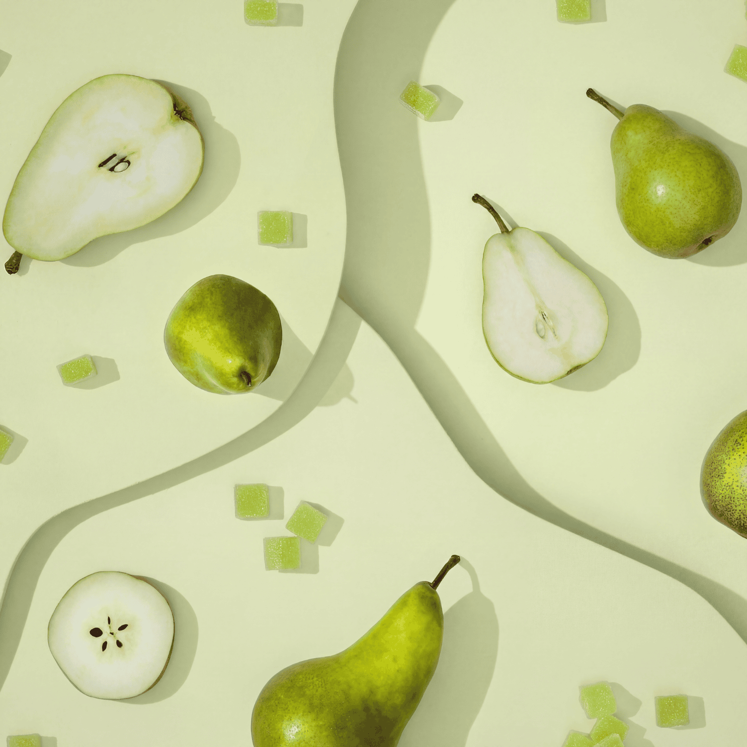 sliced pears and green gummies