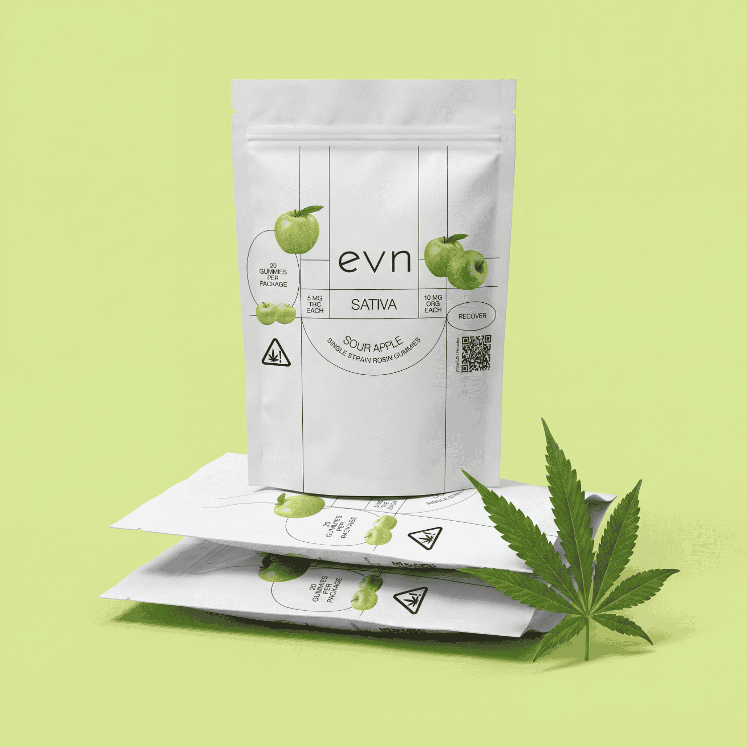 white gummy pouches next to a cannabis leaf