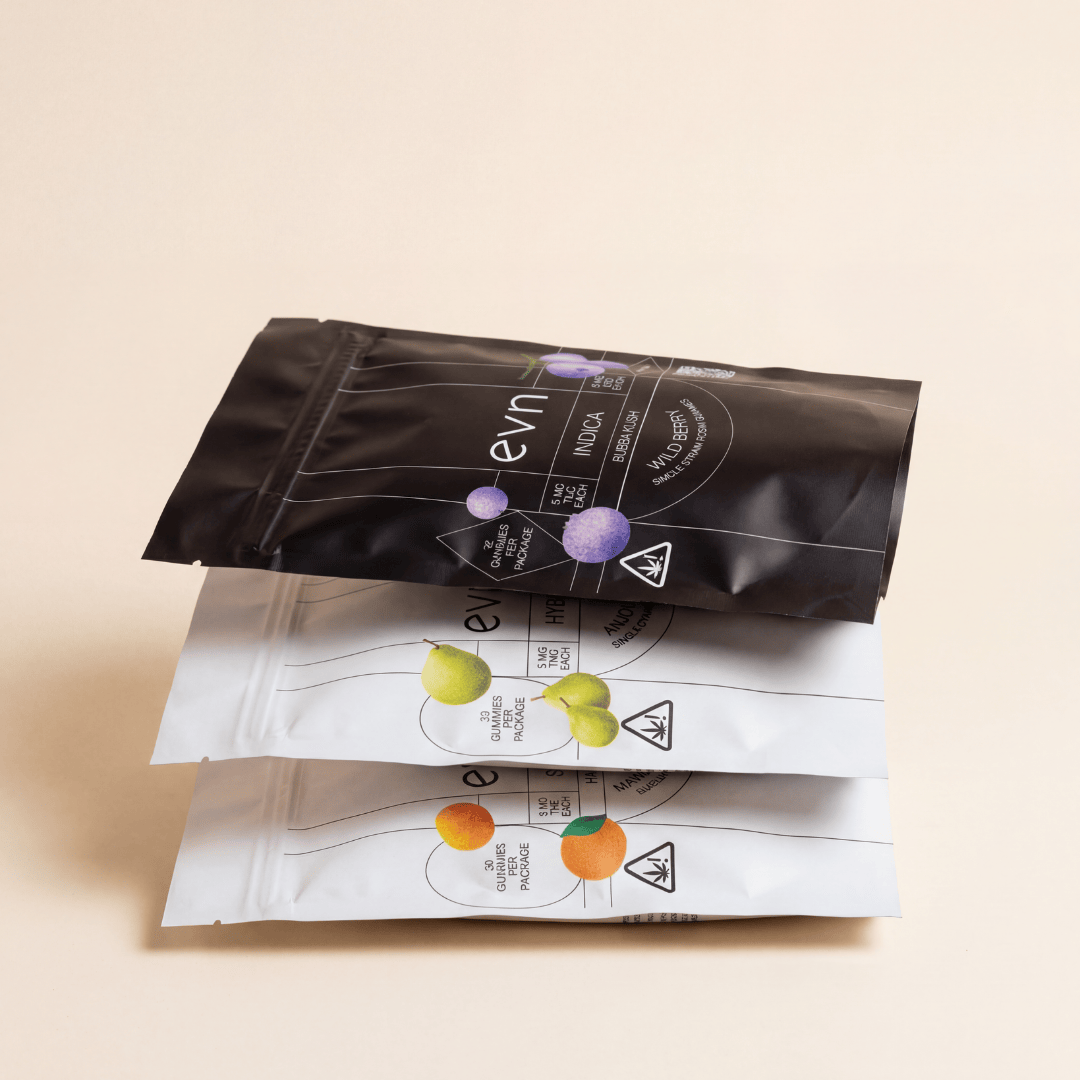 three pouches of gummies stacked on top of one another