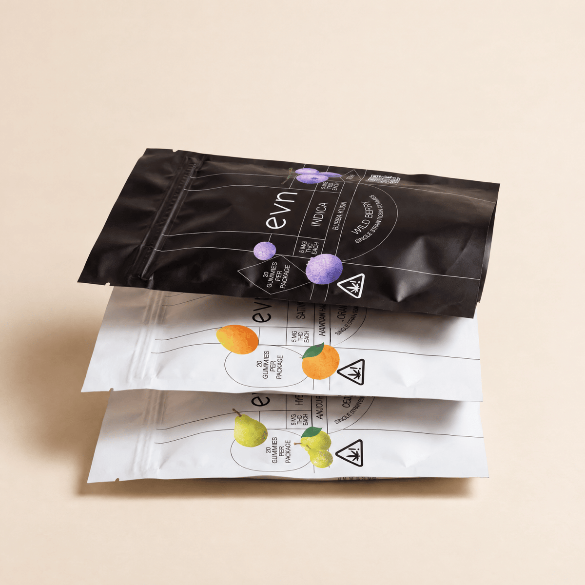 three pouches of gummies stacked on top of one another