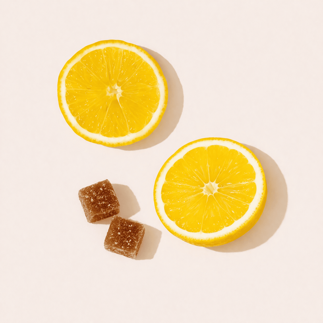 two slices of lemon next to gummies