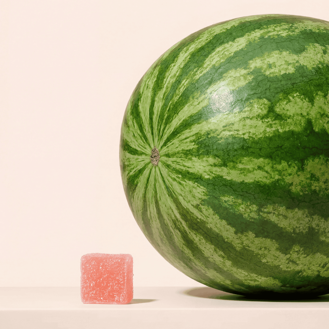 a big watermelon next to a gummy